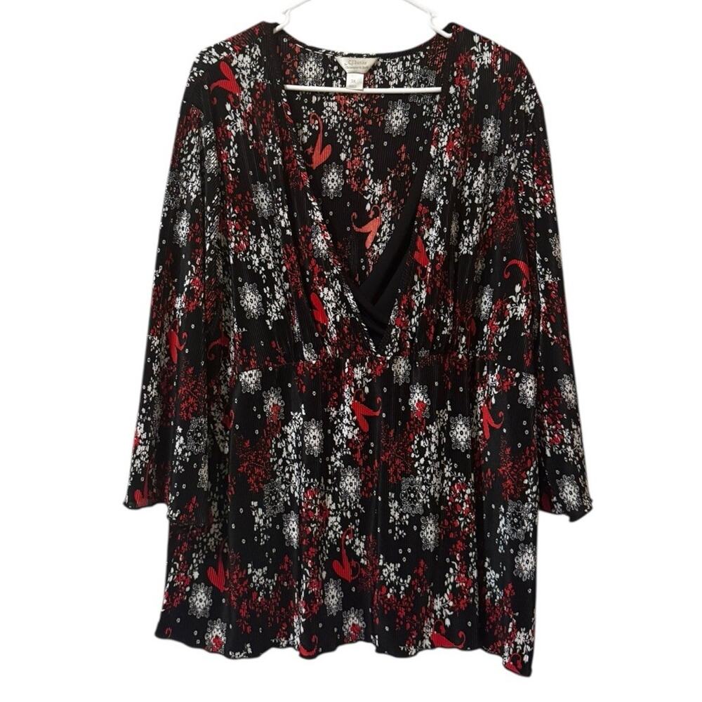 CJ BANKS size 3X Floral Crinkle‎ Layered V Neck Criss Cross Chest Stretch Office